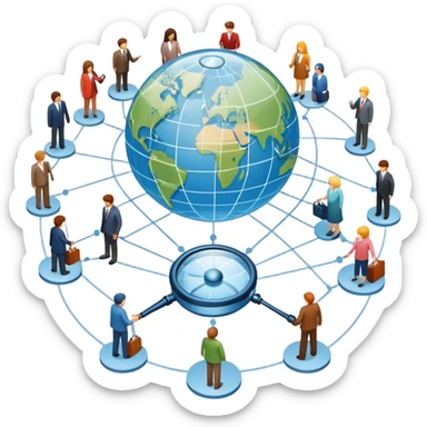 An icon featuring a group of people, a network diagram, and a magnifying glass, symbolizing sociology. The design includes a globe and interconnected lines, representing social structures and relationships. Transparent background highlights the study of societies and human behavior. sticker