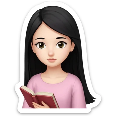 Cabelos pretos longos lisos ,olhos pretos puxadinho para cima com cílios grandes Pele clara ,nariz pequeno ,lábios mais carnudos ,adolescente 16 anos , com vestido de rosa claro ,lendo um livro. sticker