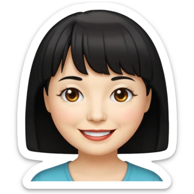 Illustrated emoji of a middle aged woman with short black hair and bangs, white skin and dark eyes sticker