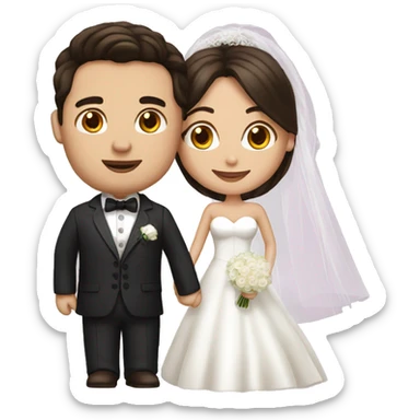 bride with dark brown hair and groom with white suit sticker