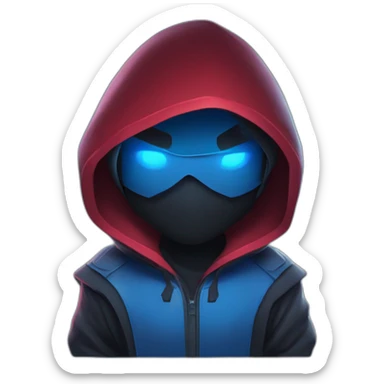 developer behind his laptop with this style : Riot Games Valorant dark red glowing bright blue character blue black hooded assassin themed character sticker