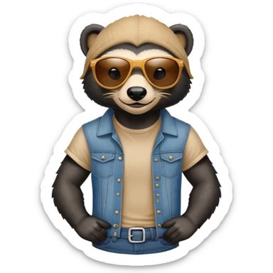 friendly anthropomorphised honey badger in jeans and a t-shirt, wearing sunglasses, head and shoulders portrait sticker
