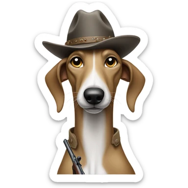 Greyhound holding a Rifle with a Stentson hat sticker