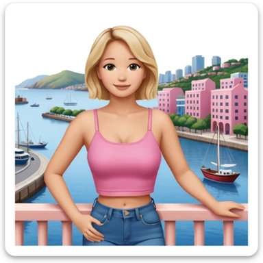 jennifer lawrence, pink crop top, and blue jeans, leaning on a balcony with a harbor and cityscape in the background, smiling sticker