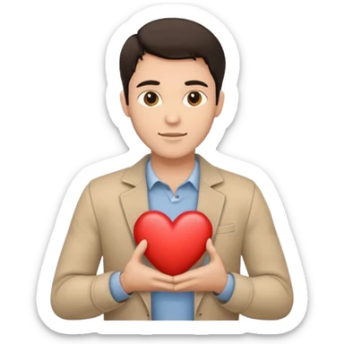 A white handsome man with dark hair and beige clothes with beige heart in his hands sticker