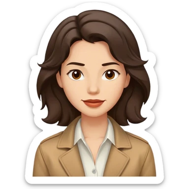 The person has a medium complexion, wavy  dark hair coming on his forehead, well-defined facial features with a strong jawline, full lips, and happy expression. They are wearing a white shirt layered with a brown jacket sticker