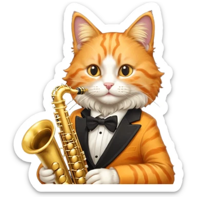 orange cat play gold saxophone sticker