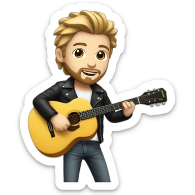 A young man with a fashionable hairstyle and beard, with white skin, dressed in a white shirt and a black leather jacket, plays the guitar sticker
