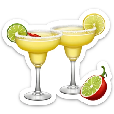2 margarita cocktails. one is the classic margarita: yellowy with salt on the rim and a lemon. the other one is a spicy margarita: slightly more red color with a small red chili pepper instead of a lemon on the rim  sticker