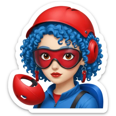 blue curly haired girl with huge earrings wearing red paintball helmet with eye protection, only face  sticker