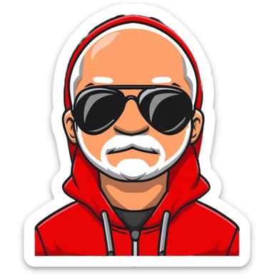 middle-aged man with minor hair growth on upper lip, black aviator sunglasses, red hoodie with hood covering head sticker