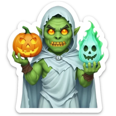 male orc warrior ghost emoji, green skin, wearing torn white ghost sheet costume, holding glowing jack-o'-lantern, faint blue aura, friendly but spooky expression, Halloween fantasy theme, Apple emoji style, clean white background, square sticker