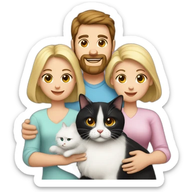 Family photo a fat husband with a beard is holding a white cat and wife with straight hair is holding another black cat sticker