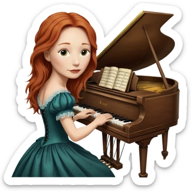 cinematic realistic - very old aged Tori Amos - playing the piano in a Victorian dress sticker