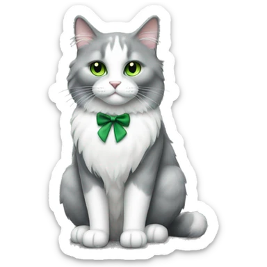 full body fluffy cat grey and white tuxedo pattern fur with green eyes sticker