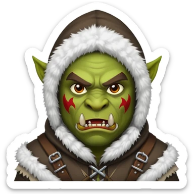 Fantasy Christmas orc raider icon, winter bandit style, fur hood, aggressive cunning expression, snowy action mood, clean emoji portrait style, male/female variant
 sticker
