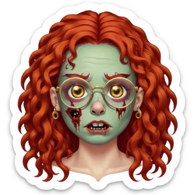zombie with long red curly hair, thick lashes, black glasses, gold nose piercings on each nostril, and a gold eyebrow piercing. sticker