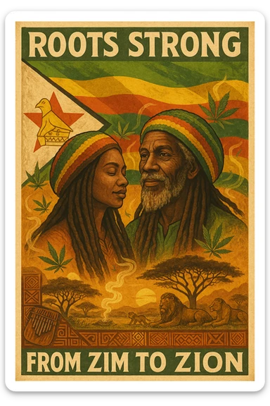 Design a powerful digital illustration in vintage poster style featuring a proud Zimbabwean Rasta man and woman with long dreadlocks and a knitted red, gold, and green tam. The background should blend the iconic Zimbabwe flag with textured detail — the red star, bird emblem, and bold stripes clearly visible but stylized with artistic flair. Add rich African earth tones, golden sunlight, and natural scenery like acacia trees, lions, or smoke from a healing herb circle. The Rasta should have a wise, peaceful expression — eyes full of ancient memory and inner fire. Incorporate ganja leaves subtly in the design, maybe flowing with the wind or circling the character like aura energy. Accent with traditional Shona patterns or mbira (thumb piano) motifs. Let the message reflect strength, unity, and ancestral healing. Optional text: “Roots Strong from Zim to Zion” or “Mash up Babylon from Harare to di hills.” sticker