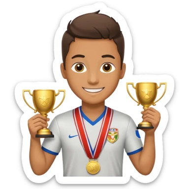 happy soccer player with a first-place medal and a trophy sticker