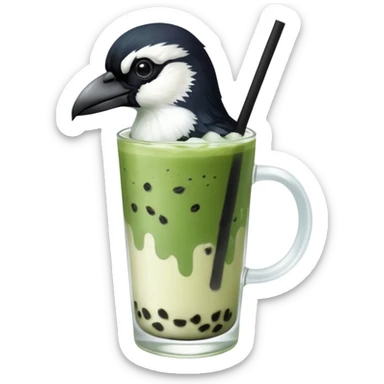  ONE Australien Magpie (just black and white feathers) sitting on an iced matcha latte on the edge of the glass. magpie has green matcha on its beak. matxha latte is in a see through glass and white from thr milk on the bottom and green without seeds on top… one straw & ice cubes sticker