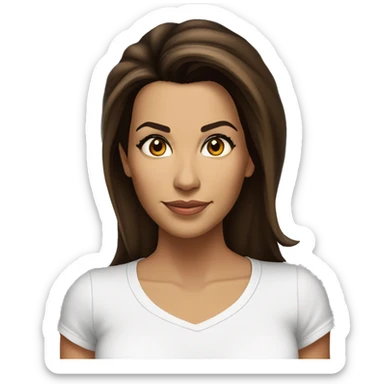 3/4 face, contrasted, shadow, light, Eva Longoria expression, standing from a distance, thin nose, brunette woman, hazel eyes, long eyelashes, dark shoulder shaded hair, white t-shirt, jeans, white sneakers sticker