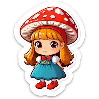 Cute girl of Slavic appearance with a hat on her head in the form of a fly agaric sticker