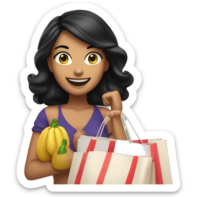 Tanned beautiful italian woman with lin black hair smiling and holding bags shopping  sticker