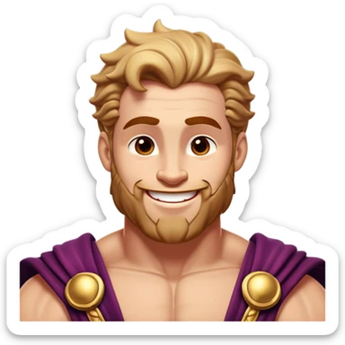 Cinematic Realistic Hercules Portrait, head tilted playfully and inquisitively, showcasing his formidable build softened by a warm, inviting smile. His eyes sparkle with a sense of mirth and determination, while his detailed attire and natural highlights capture the essence of a mighty hero with a friendly spirit. sticker