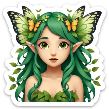 Cinematic Realistic Forest Nymph Fairy Portrait, head tilted playfully and inquisitively, showcasing a nature-inspired form with intricately detailed, sunlit tanned skin and cascading dark green hair interlaced with leaves and blossoms showing her large butterfly wings from her back. Her bright, curious eyes sparkle with forest mischief, rendered with lifelike clarity and warm, dappled lighting that captures the spirit of an enchanting woodland fairy ready to dance among the trees. sticker