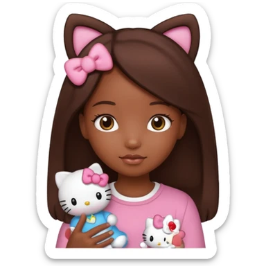 black girl with long brown hair holding a hello kitty sticker