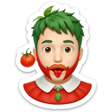 funny theater actor character who ate tomatoes, tomato sauce around mouth, dramatic expression, stage costume collar, 3D cartoon, mobile game icon style, clean background, no text, no watermark
 sticker