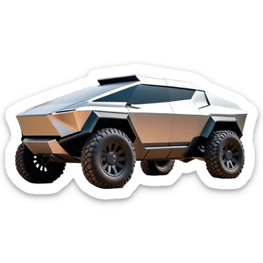 Tesla Cybertruck - A futuristic Tesla Cybertruck, angular and geometric with a sharp, triangular body shape. Stainless steel exoskeleton with a raw, unpainted, brushed-metal finish. A sleek, narrow LED light bar stretches across the entire front. Large, rugged off-road tires with exposed wheel arches. Smooth, handle-free doors and a slanted, armored rear with a retractable tonneau cover. Rear LED strip mirroring the front. The vehicle looks like a sci-fi-inspired, bulletproof stealth tank on wheels, set in a high-tech urban environment at sunset, with reflections on its metallic surface. sticker