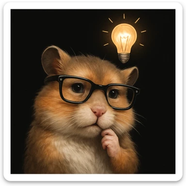 a mature, modern, semi-realistic hamster wearing cool glasses, thinking about an idea with a lightbulb above its head, on a solid black background, not overlapping with other elements sticker