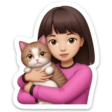 beautiful woman with dark brown straight hair and bangs, brown eyes wear a pink clothes and hugs a cute chubby cat sticker