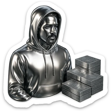 Edit the Indian man to wear a hoodie with a chrome hood, keep his goatee, add money on the side, and make the AMG car chrome. Keep the background transparent. sticker