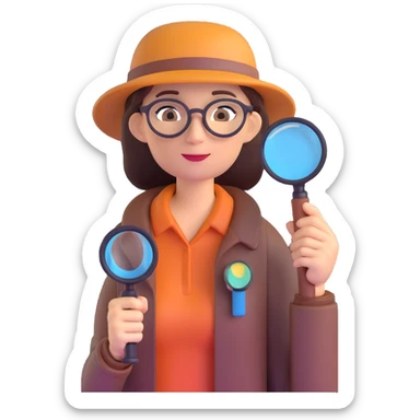 Curious professional woman explorer with glasses, modern outdoor equipment, single magnifying glass, stylized 3d look sticker