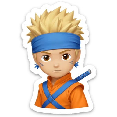 A blonde ninja boy with spiky hair, whisker marks on cheeks, orange outfit, and blue headband with metal plate sticker