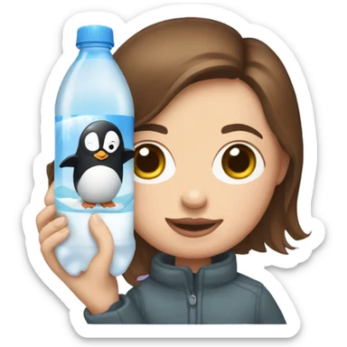 white woman with brown hair holding a baby penguin stuffed animal and a seltzer sticker