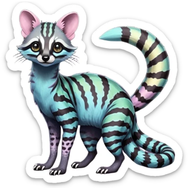 Feral Rare Fantasy iridescent scaly evil spooky vibrant dark shady shaded detailed deep pastel-gradients-colored colorful Genet-Trico-Civet-Cacomistle-Margay-species by LiLaiRa, with dark-blackish points, white belly, random markings, tufted tail, tufted ears, full body sticker