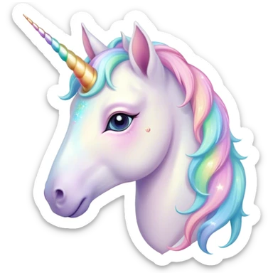 Beautiful and Majestic Unicorn Pony Portrait Emoji, Head and body radiating gentle magic with a soft pastel color, a delicately sparkling horn and eyes gently closed in peaceful wonder, Simplified yet exquisitely endearing features, highly detailed, glowing with a soft, ethereal light, high shine, serene and utterly majestic, stylized with an air of fairy-tale regality, soft glowing outline, capturing the essence of a beautiful and majestic unicorn pony that embodies the enchanting spirit of a dream! sticker