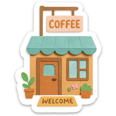 cozy coffee shop entrance with pastel hanging sign, welcome mat, and cute details, hand-drawn soft pastel style sticker