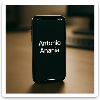 A photo of an iPhone with the message "Antonio Anania" on its screen, The phone sits atop a desk with a blurred background that suggests work environment. A faint glow from above casts gentle shadows across the surface of each object, creating depth and highlighting their textures. sticker