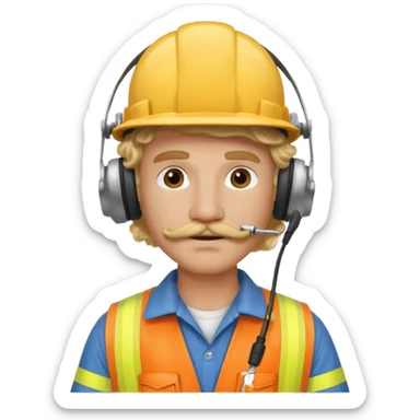 construction worker with blond long curly hair and protective headphones and mustache sticker