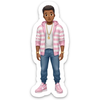Handsome Black guy with brown skin tone, with muscular build, wearing long baggy dark denim jeans, a white t-shirt, pink and gray striped fuzzy cardigan, white Nike sneakers, a gold watch, and a dainty chain sticker