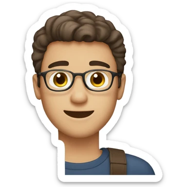 Generate me an emoji of a guy with macbook ( student ). He looks happy. He has light skin, dark-brown hair and brow eyes    sticker