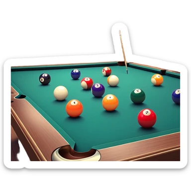 A well-arranged pool table with colorful billiard balls neatly placed, and a cue stick poised to take a shot. The setting is a dimly lit room with a focused atmosphere, highlighting the precision and strategy involved in the game of billiards. sticker