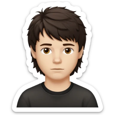 À emoji that don’t smile Dark brown thick hair, medium-length textured top with loose natural waves, short tapered sides, soft messy fringe, natural volume(No long hair it like a side part with a lot of wave and texture ) the guy is white and it’s a boy sticker