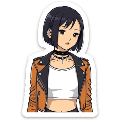 A asian girl with Black eyes and black straight hair with a bob with a black spiked chocker with white tank top with a leather jacket on sticker