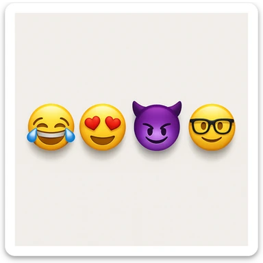 make four emojis on white background with good amount of shadow, four emojis of smiley's only. one laughing, second heart eyes, third purple devil and four black glasses emojis  sticker