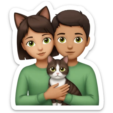 Crea un emoji donde salga un chico de pelo moreno con los ojos claros, una chica de pelo morena con los ojos marrones y UN gato europeo comun de pelaje marron oscuro y ojos verde claro, quiero que se esten abrazando el chico y la chica, y el gato este en el medio de los dos sticker
